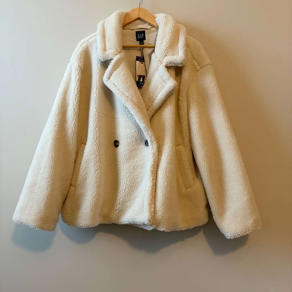 GAP Women Sherpa Jacket Birch White Faux Fur Teddy Pea Coat XXL GP001938 NEW